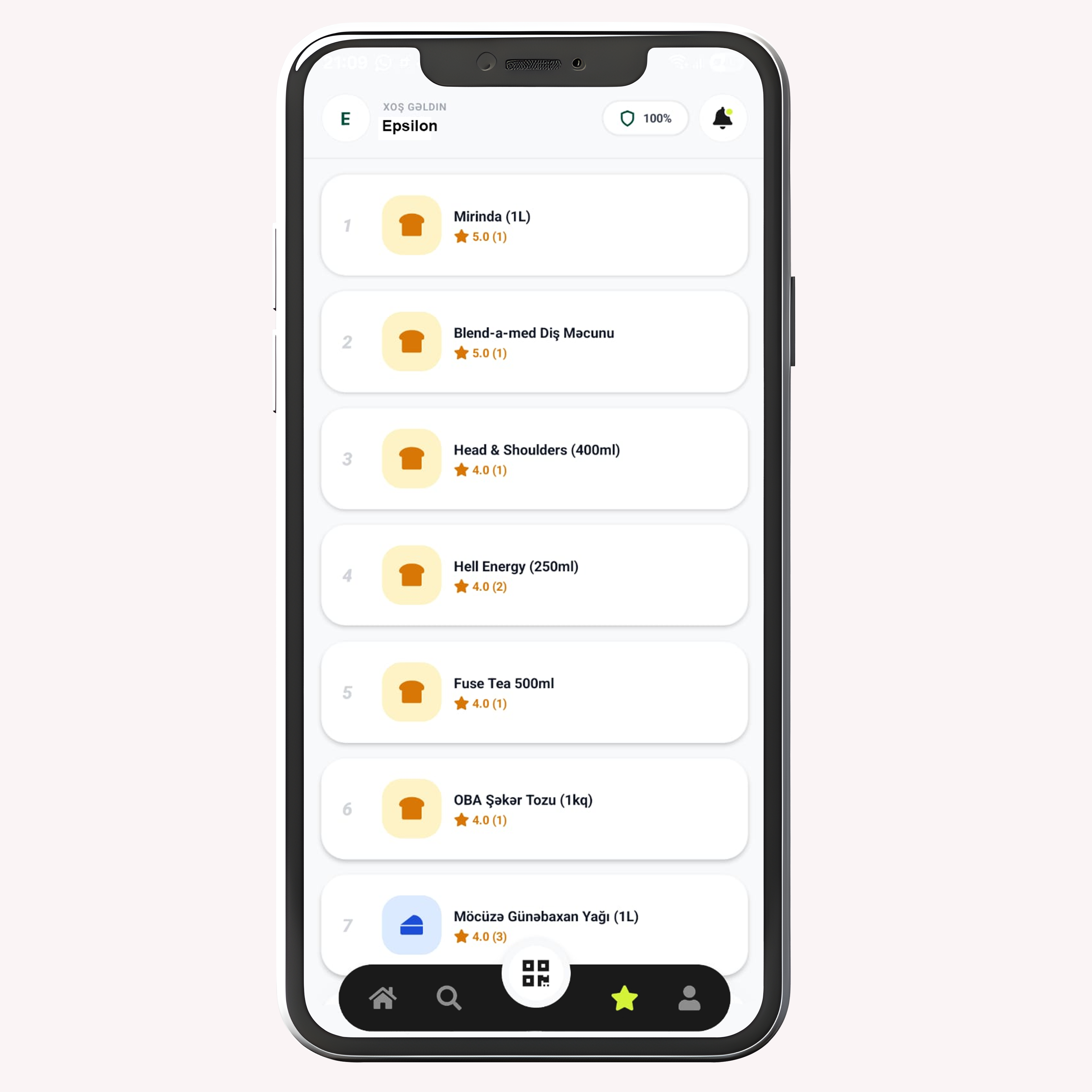 Epsilon mobile app interface showing product ratings and feedback dashboard